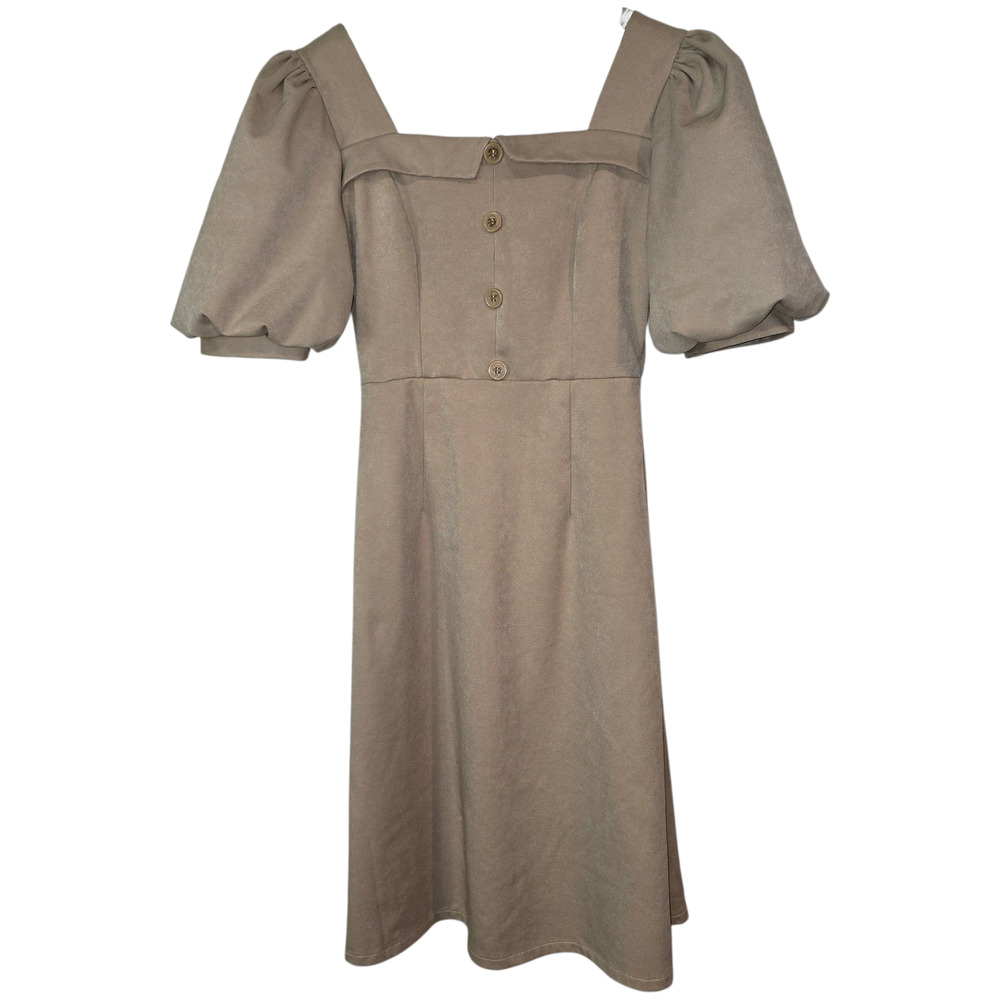 Coquette Vogue Tan Puff Sleeve Square Neckline Dress Size M